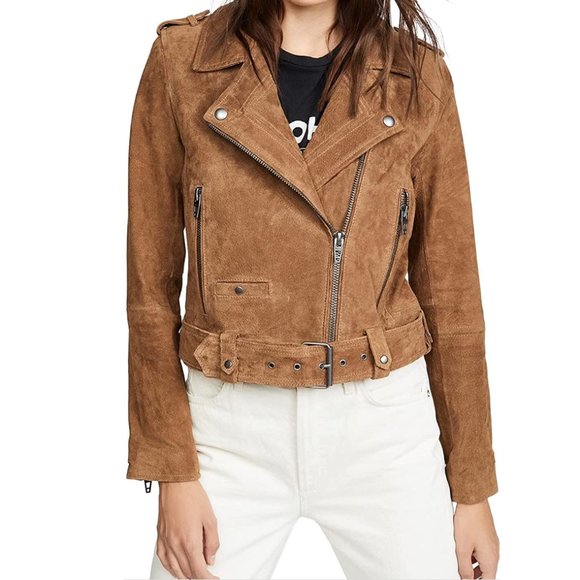 BLANKNYC Women's Cropped Suede Leather Motorcycle Jacket, Light Brown, Size S - Picture 2 of 11